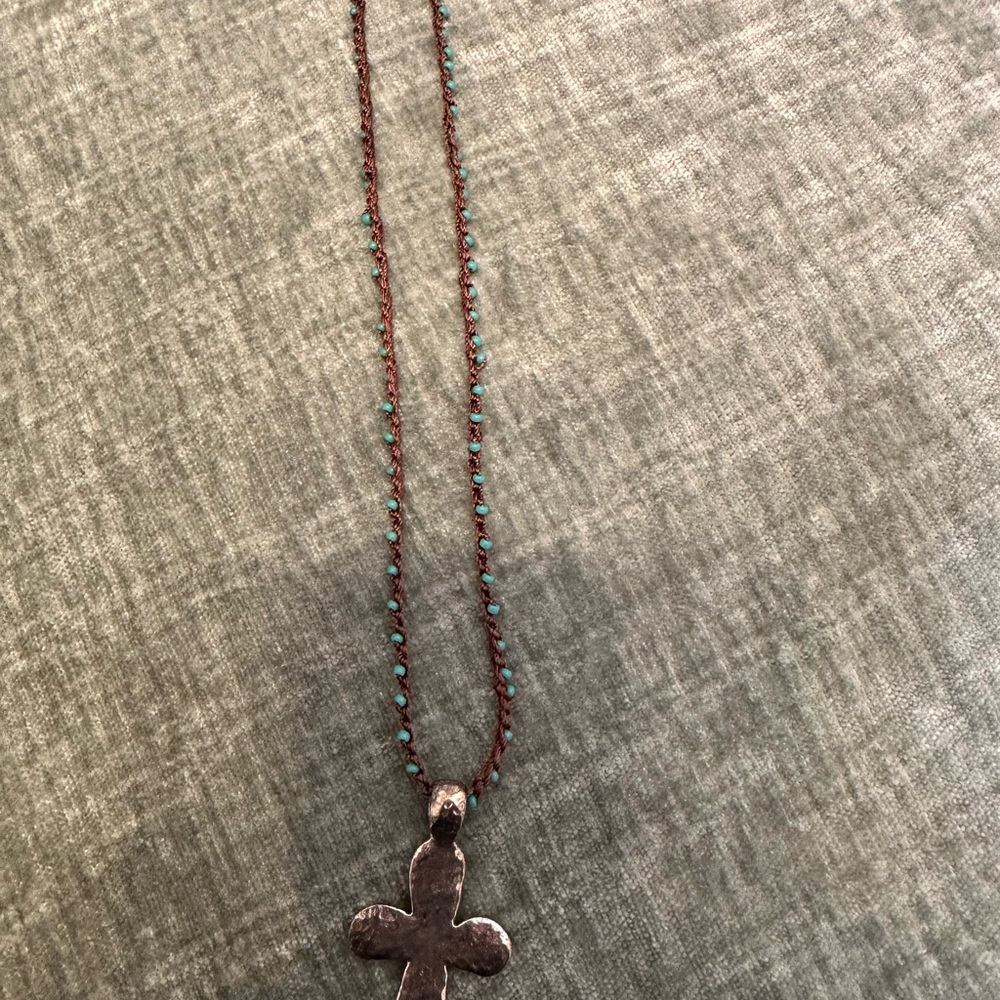 Boho Sundance Style Cross on hand crocheted necklace with turquoise beads - Picture 2 of 4